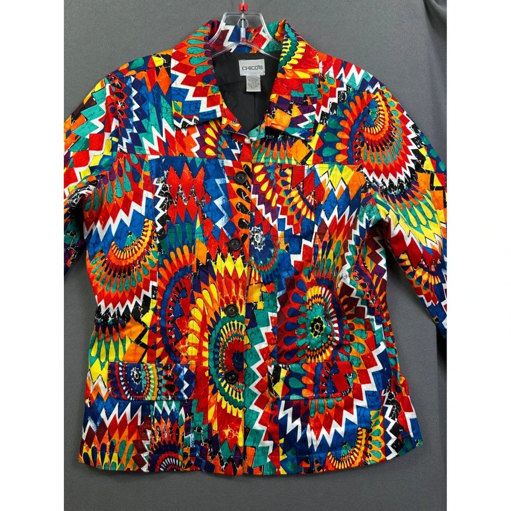 Chicos Women's Multi Color Geometric Sunburst Print Button‎ Front Jacket Size 1